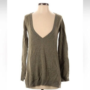 CeCe Heathered Olive Green 100% Cashmere Plunge V-Neck Sweater Size S Small